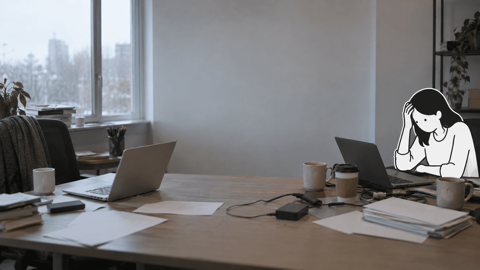 A cluttered shared desk on an overcast morning